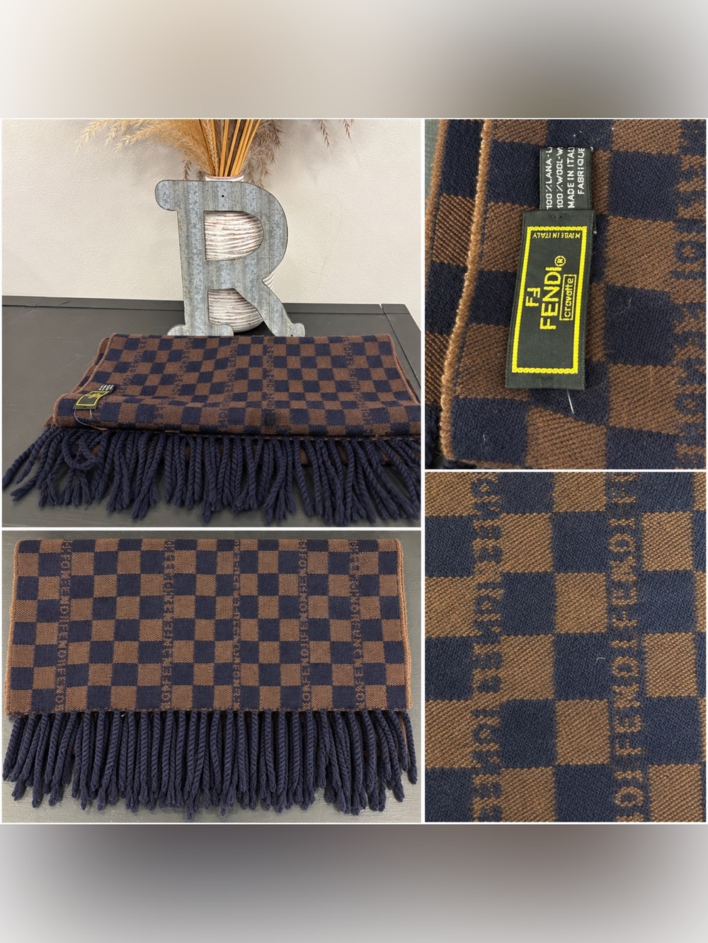Fendi Creations Vintage 1980-90’s Authentic Brown and Navy Checker Fringe Scarf